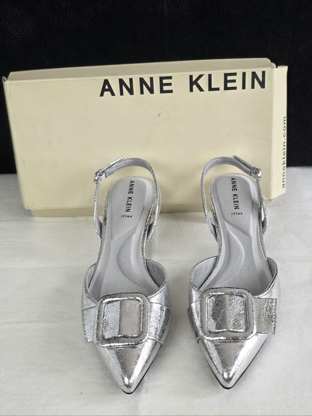 Anne Klein Metallic Silver Pointed Slingback Pumps with Buckle Accent!